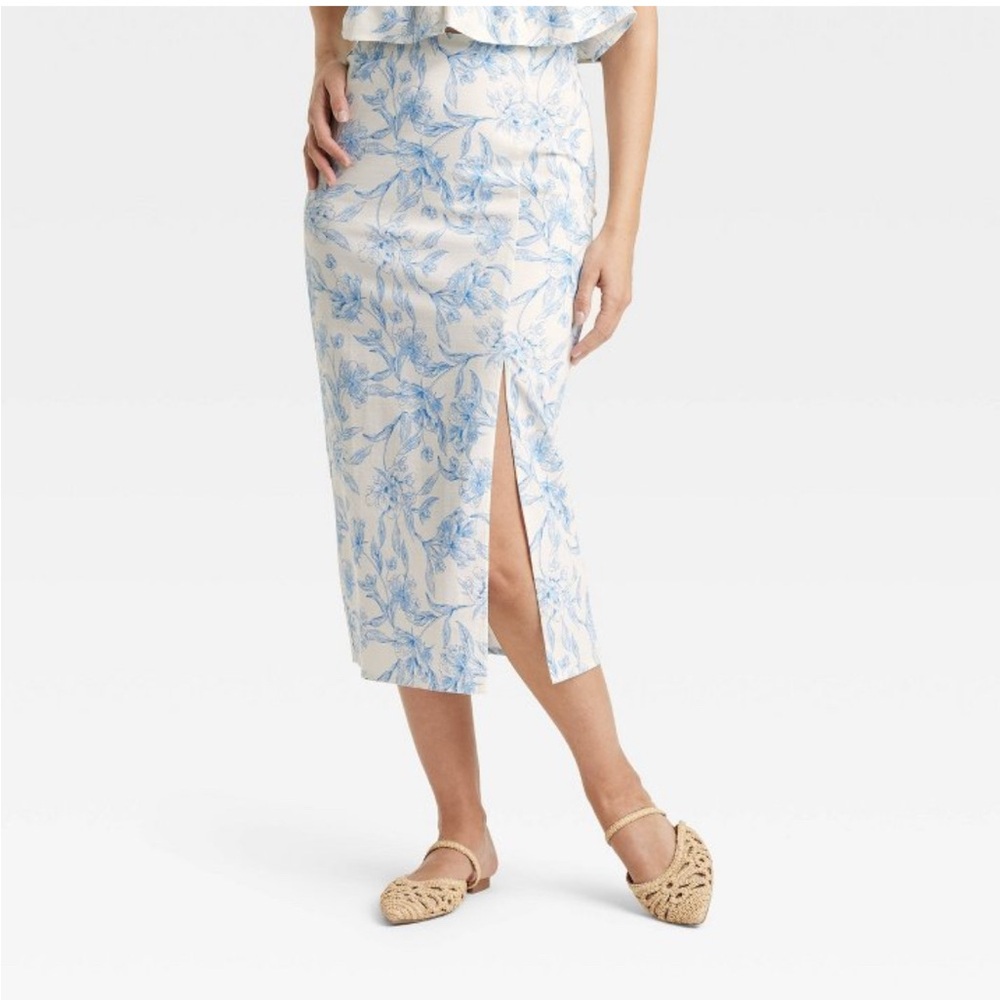a new day Blue Floral Midi Skirt